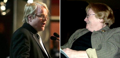 Philip Seymour Hoffman and his mother Marilyn O'Connor in separate photos.